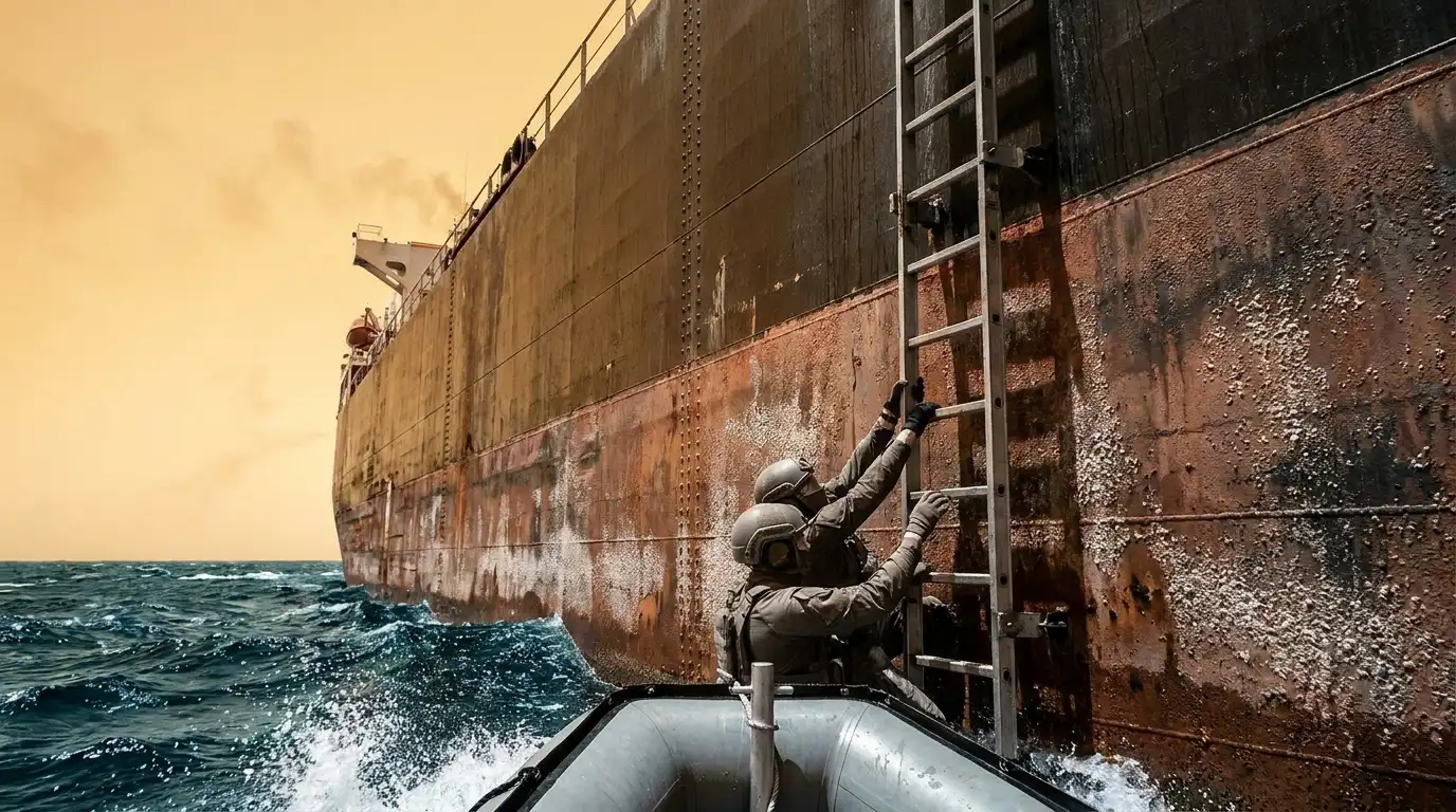 A low-angle infrared photo shows anonymous tactical figures climbing a ladder up the rusted hull of a massive oil tanker amidst churning dark blue water under a hazy amber sky.
