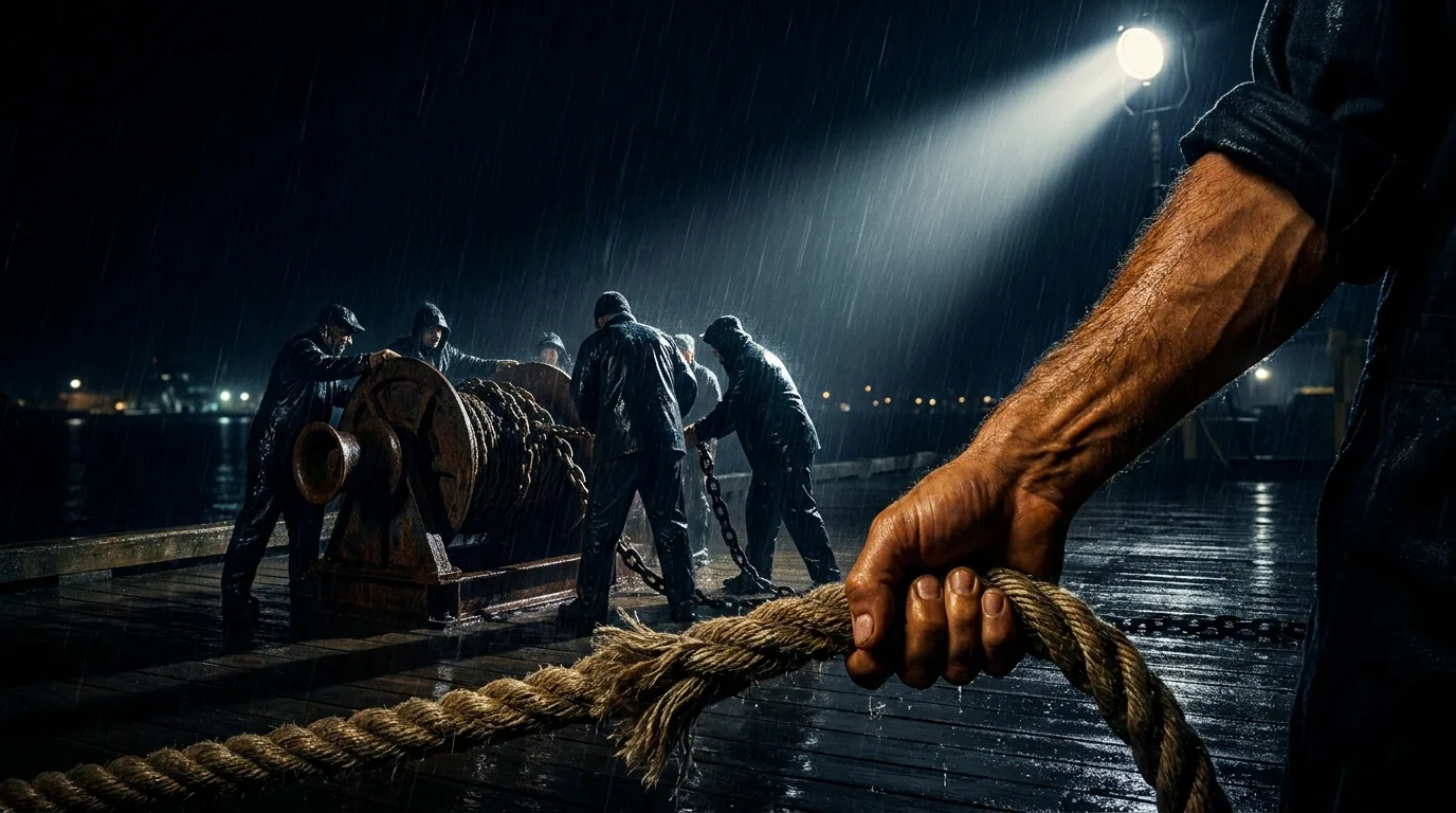 A high-contrast Baroque-style scene showing anonymous figures working with heavy ropes and rusted machinery on a wet pier under a single harsh light.