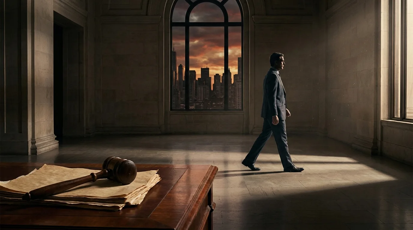 An editorial photograph of a dark-wood gavel on a mahogany desk in a grand hall as an anonymous man in a suit walks toward a window overlooking a city at dusk.