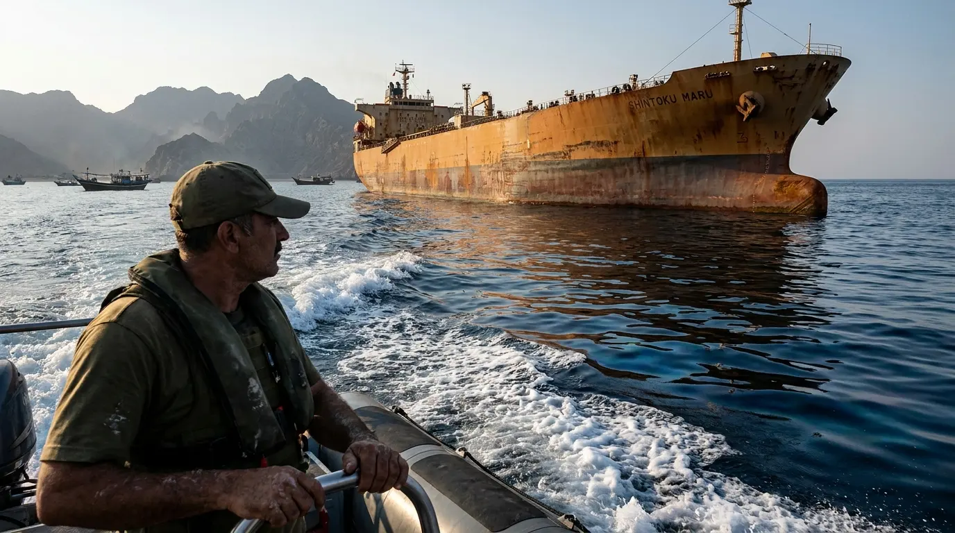 An editorial photograph showing a massive oil tanker in the Strait of Hormuz, framed by the wake and an anonymous crew member of a patrol boat under a heat-distorted sky.