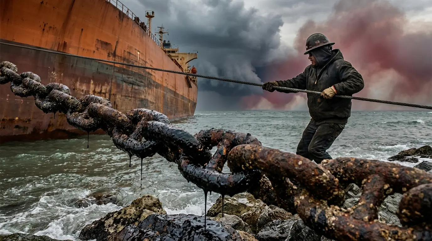 A detailed editorial photograph of an oil-slicked mooring chain at a shipping terminal, with a worker tending to a massive vessel under a sky split by storm clouds and wildfire smoke.