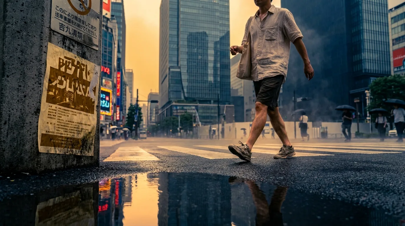 An anonymous pedestrian in summer business attire crosses a shimmering Tokyo street where the asphalt appears to melt under a harsh amber sky.