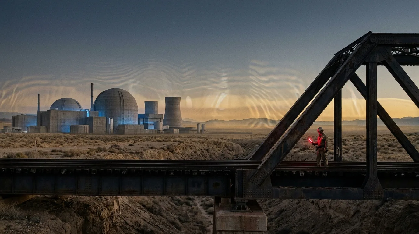 A wide editorial scene at dusk showing a desert nuclear facility and a steel bridge where an anonymous worker checks a glowing red alert on a mobile device.