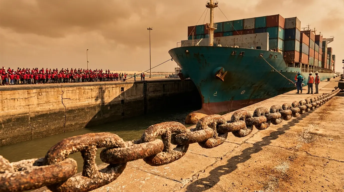 A heavy rusted chain strains in the foreground of a concrete shipping lock where a massive teal cargo ship is stalled, with a distant crowd visible on the pier under a hazy yellow sky.