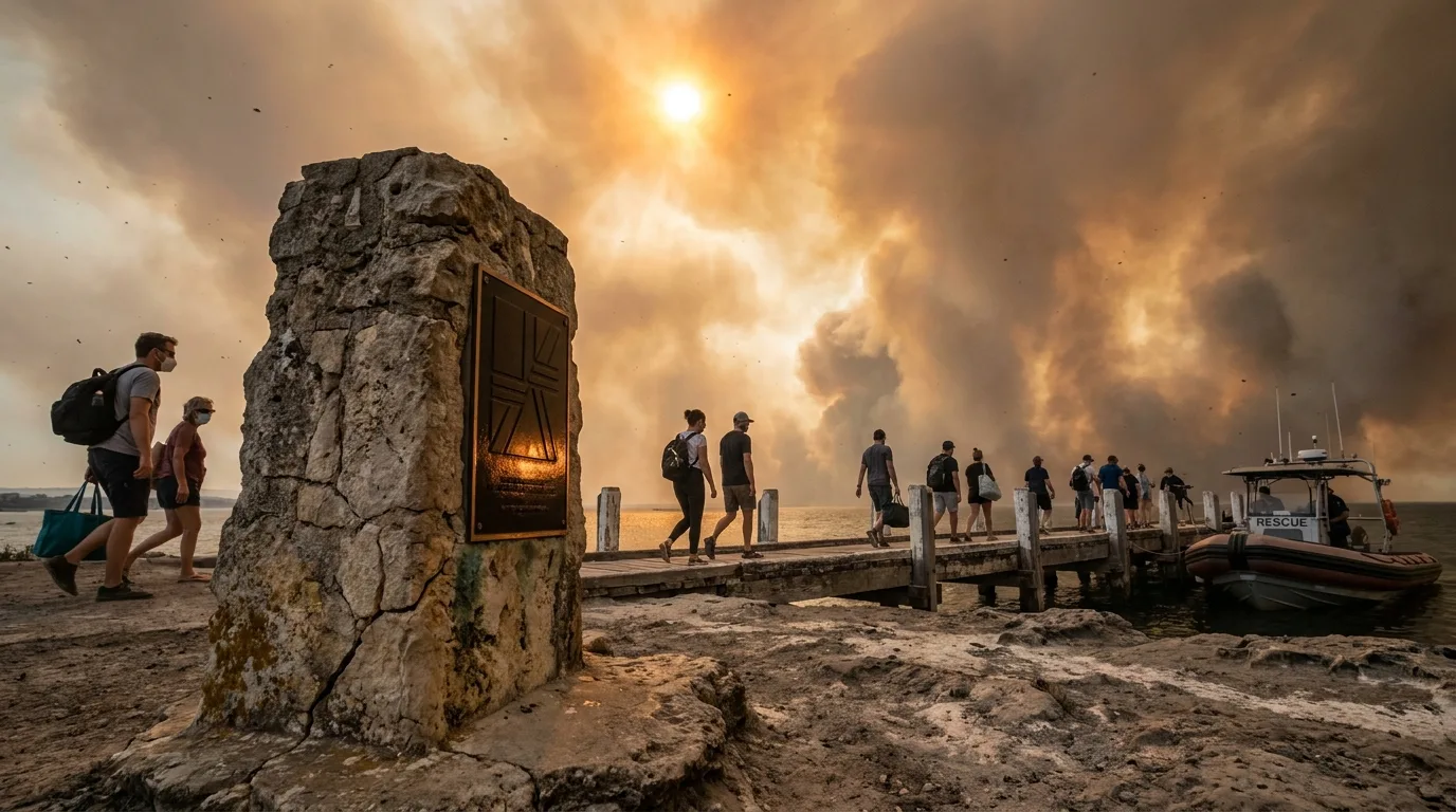 A bronze plaque on a stone pillar stands in the foreground as anonymous evacuees head toward a rescue boat under a sky filled with heavy wildfire smoke.