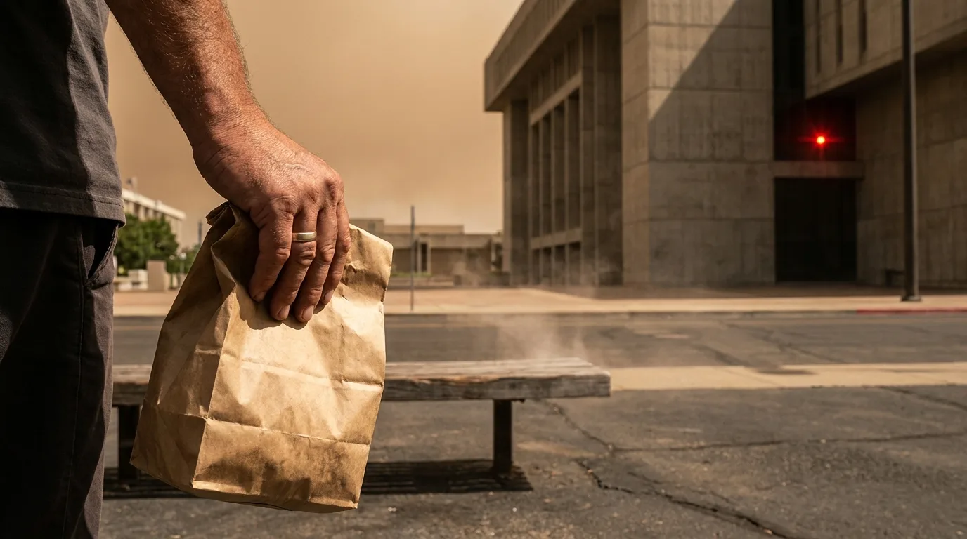 A person's hand grips a weathered paper bag in a sun-drenched, heat-warped civic plaza before a brutalist building.