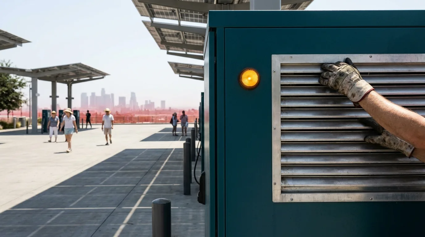 A close-up of a gloved hand on a metallic charging station in a heat-distorted urban plaza with solar canopies and anonymous figures in the background.