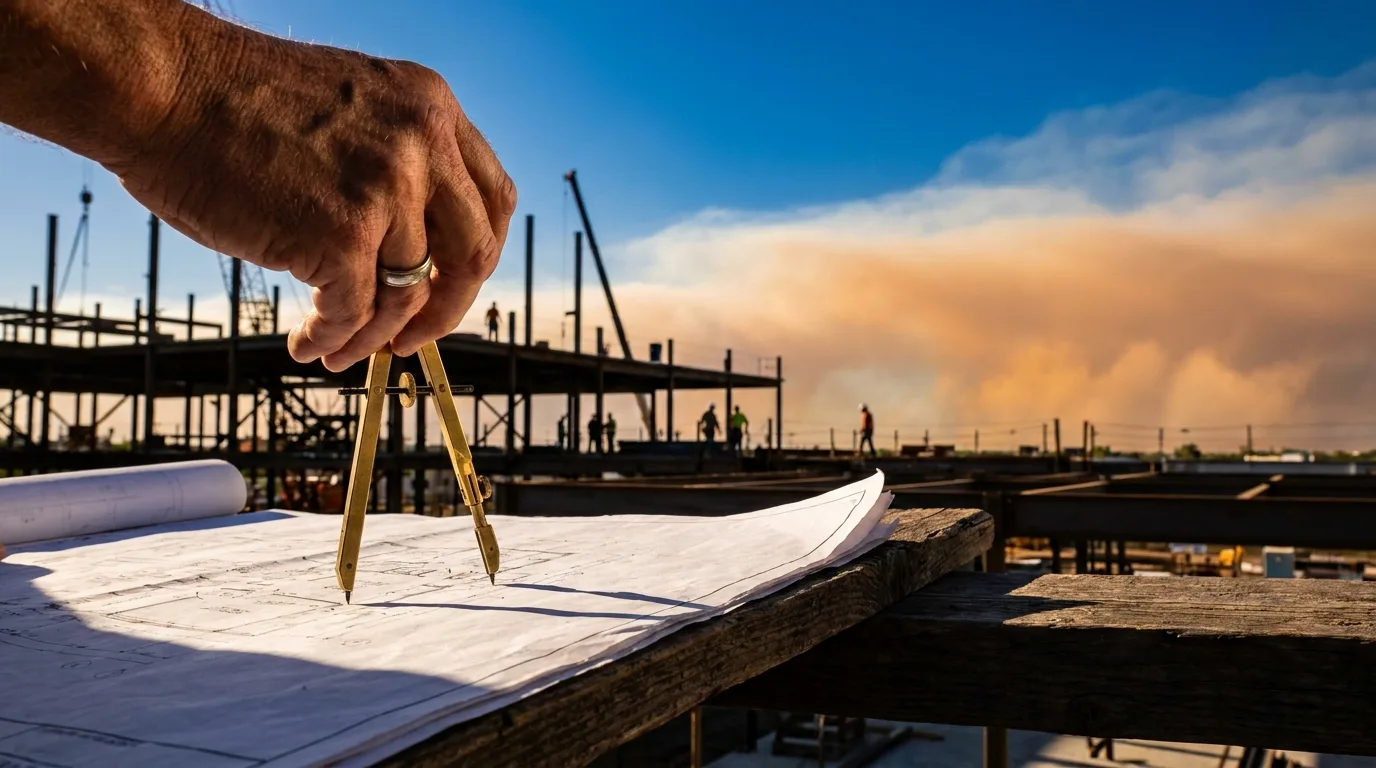 An editorial photograph of an anonymous hand adjusting a brass tool on a blueprint, set against a backdrop of a steel construction site and a hazy orange sky.