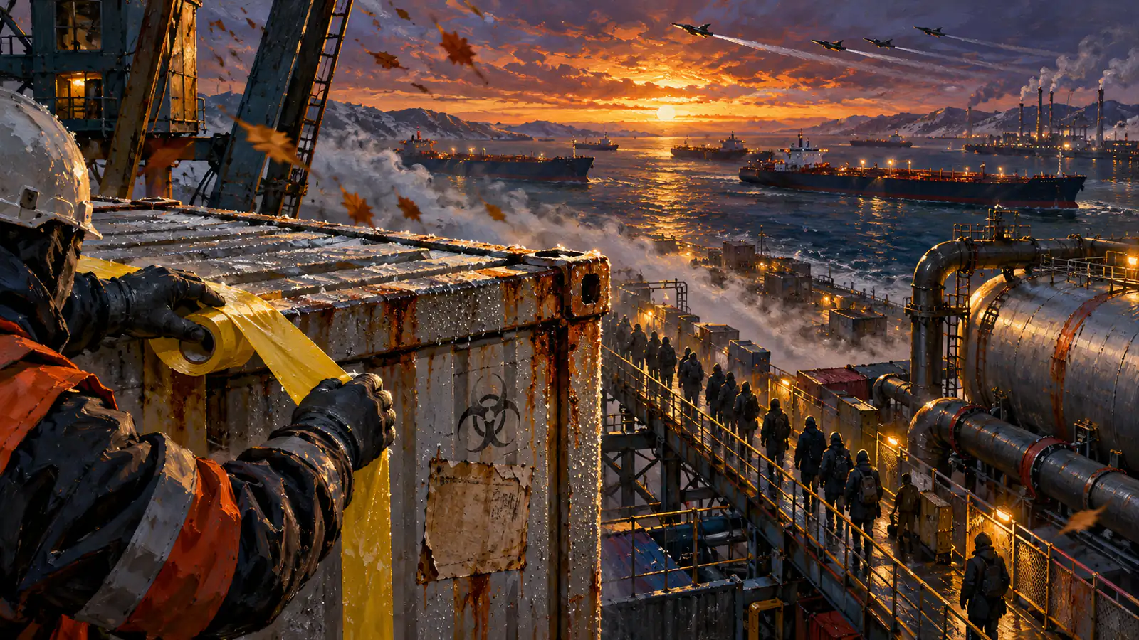 Manos con guantes sellan con cinta amarilla un contenedor metálico; detrás, una fila de siluetas cruza un puerto industrial, con petroleros y aviones recortados contra el amanecer.