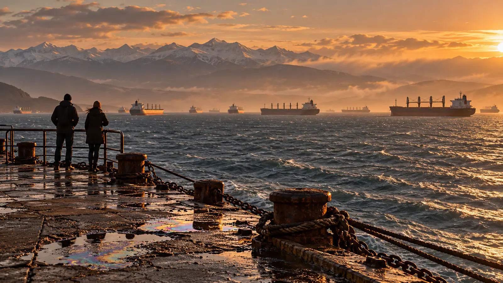 Dos personas anónimas observan desde un muelle mojado una fila de buques anclados; charcos iridiscentes y cabos ocupan el primer plano, con montañas nevadas al atardecer.