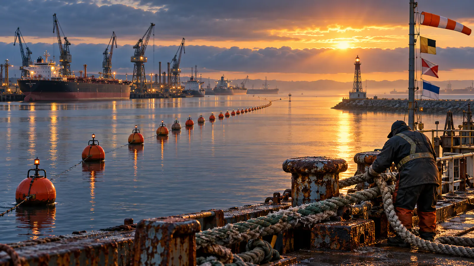 Una figura anónima ajusta cabos junto a bolardos oxidados; una hilera de boyas naranjas cruza el agua hacia un faro, con grúas y barcos bajo la luz del amanecer.