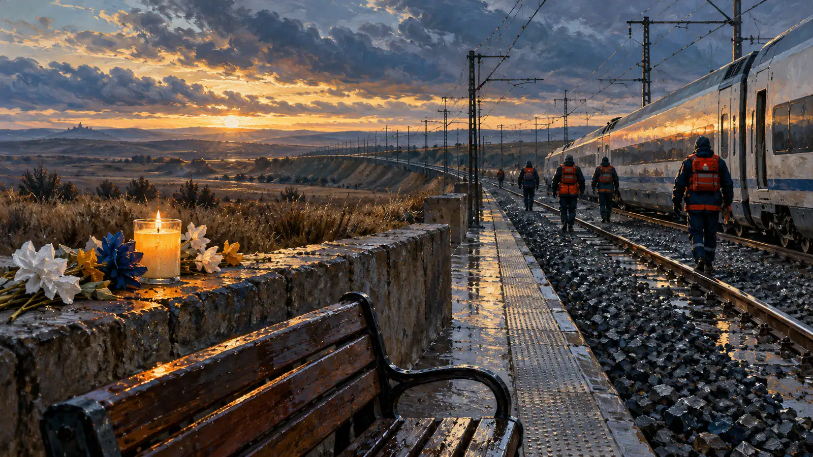 Una vela encendida y flores reposan sobre un muro junto a un banco mojado; rescatistas anónimos caminan junto a un tren detenido al amanecer.